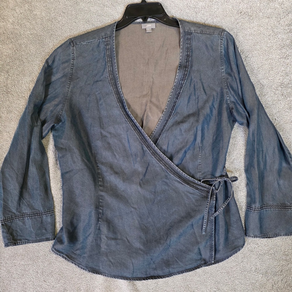 J. Jill Women Dark Wash Blue 100% Tencel Lyocell Wrap Top Long Sleeve Blouse L
